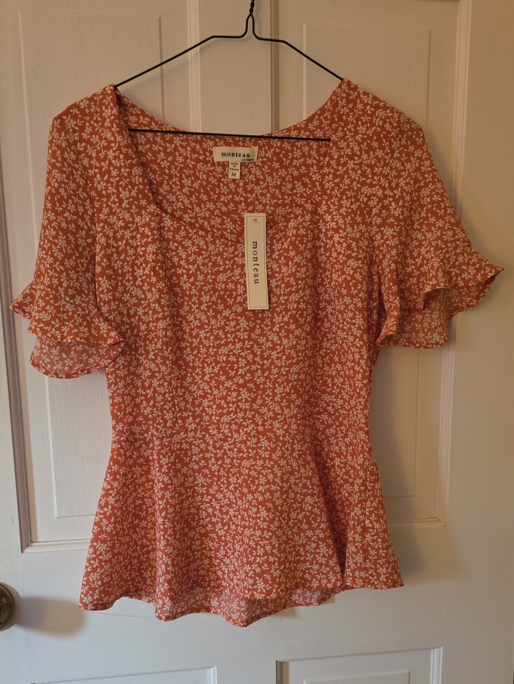 Monteau Peach Floral Ruffle Peplum Blouse Size M
